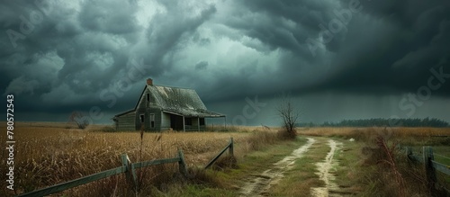 Deserted farmhouse on a gloomy day with storm clouds above.