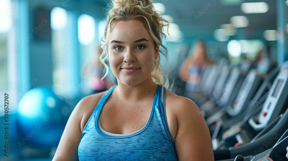 Happy confident overweight woman in blue fitness clothes on trainer treadmill in gym. Happy confident overweight woman in blue fitness clothes on trainer treadmill in gym.