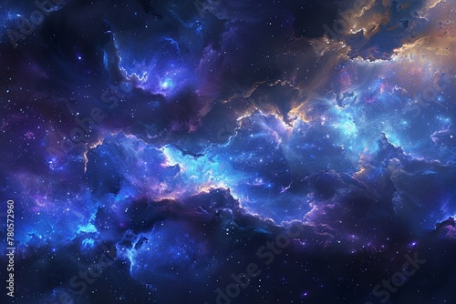 Interstellar clouds in the galaxy with glowing nebulae and dark molecular clouds swirling amidst a cosmic sea.