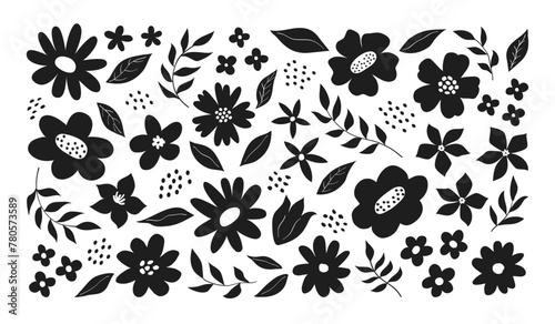 Set of hand drawn flowers and leaves silhouettes. Modern trendy floral design elements, icons, shapes. Wild and garden flowers black and white illustrations isolated on white background.