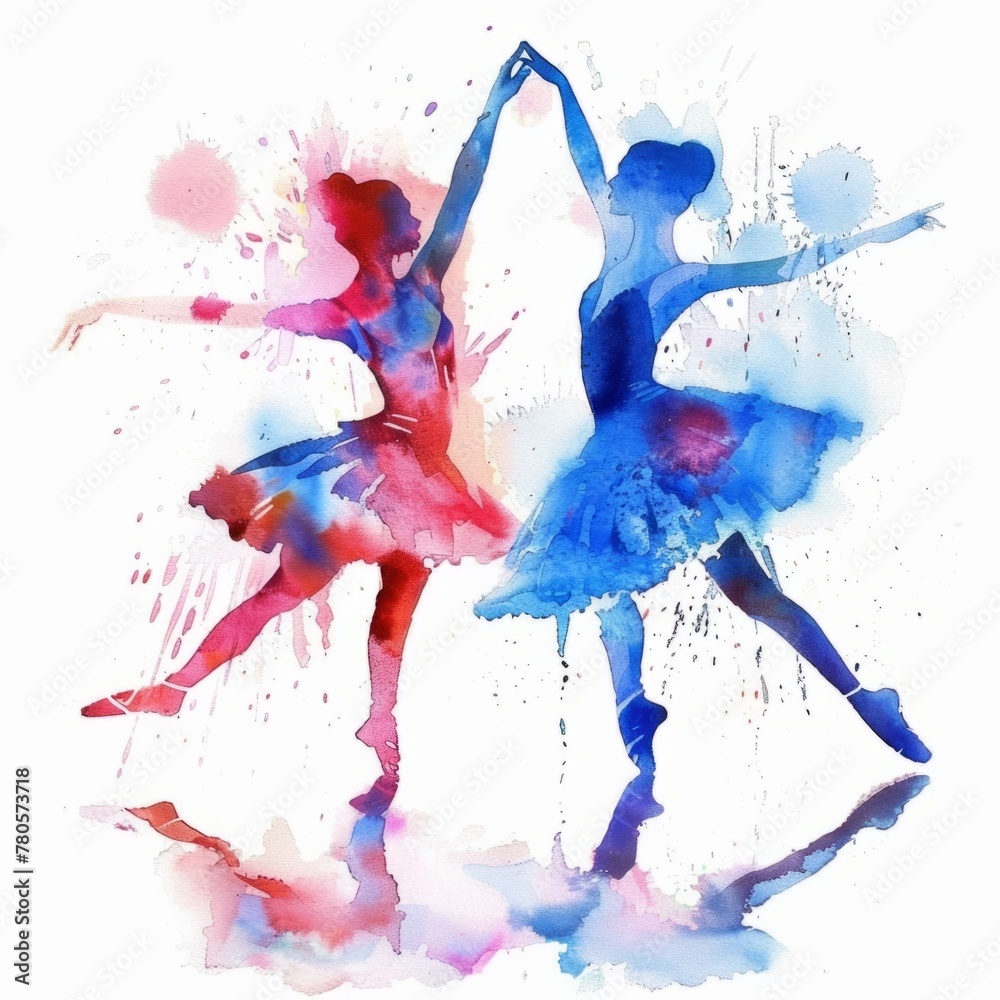 Watercolor Ballet Dancers in a Duo - Two ballet dancers captured mid ...