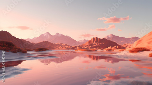 Digital pink orange desert hill mountain range lakeside graphic poster web page PPT background © yonshan