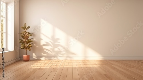 An empty, bright room. The shadow of a plant on the wall. Light shade in the room for presentation. Laminate flooring
