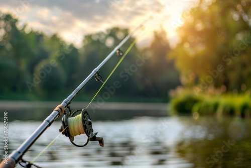 Fishing rod wheel closeup, man fishing with a beautiful sunrise behind him. Beautiful simple AI generated image in 4K, unique.