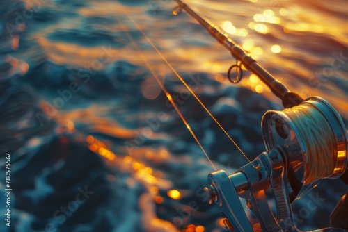 fishing rod and spinning reel and sea water background. Beautiful simple AI generated image in 4K, unique. photo