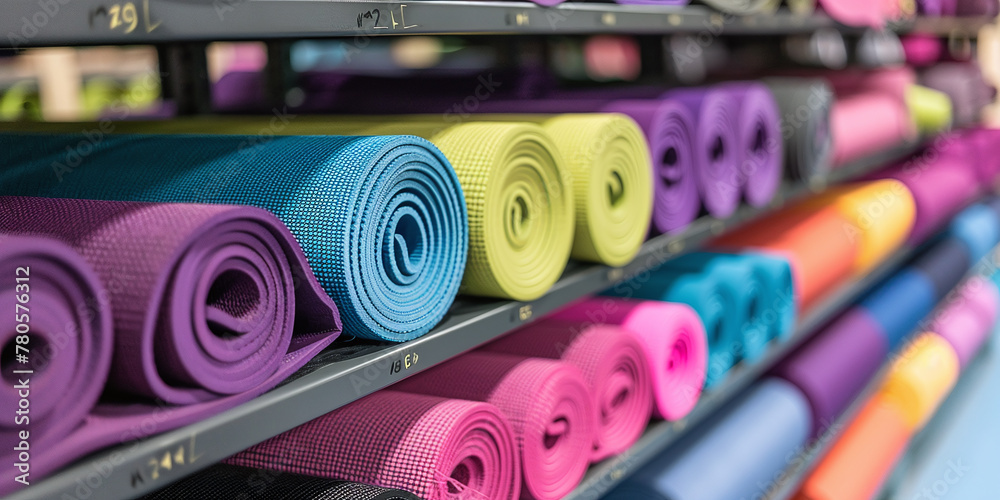 row of yoga mats rolled up on shelf - obrazy, fototapety, plakaty 