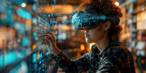 Woman Interacting with Holographic Interface via VR Headset