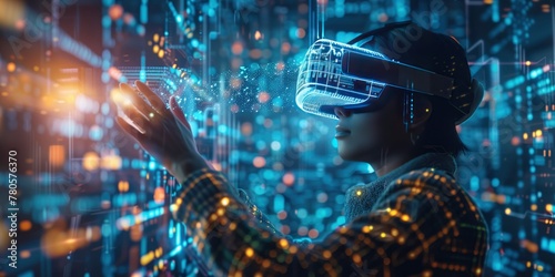 Woman Interacting with a Holographic Interface in Virtual Reality