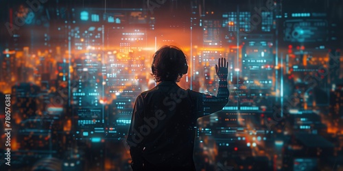 Person Overlooking a Cityscape with Digital Overlays