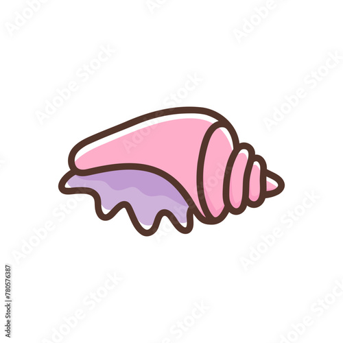 Сute pink sea shell. Marine conch, underwater mollusc in seashell. Nautical beach decoration. Colorful vector illustration. Design element or icon isolated on white background