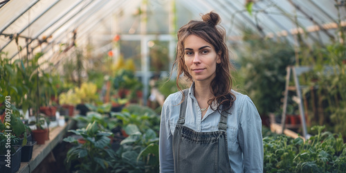 portrait of a woman against the backdrop of a greenhouse with plants, small business concept