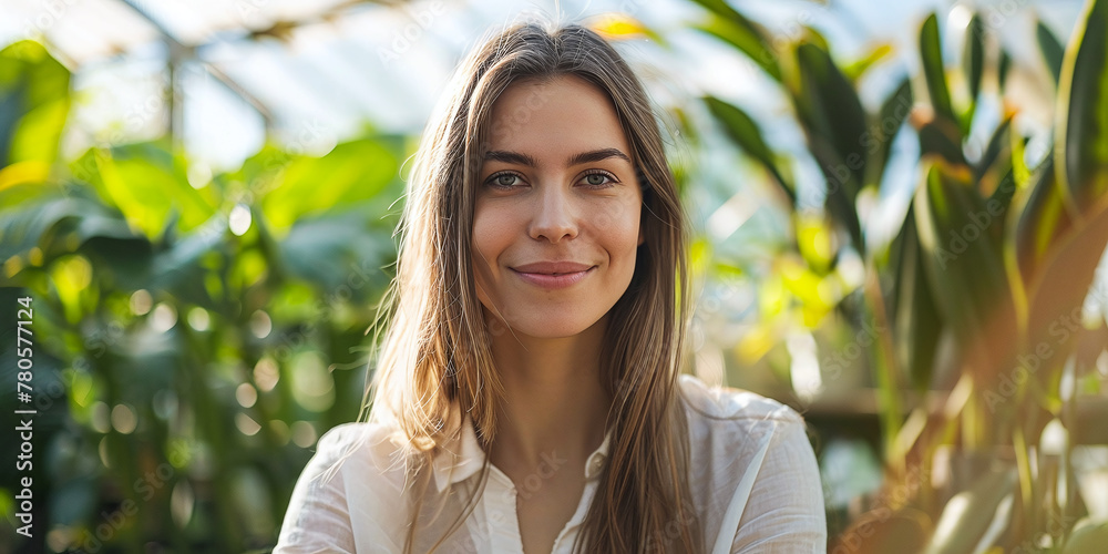 portrait of a woman against the backdrop of a greenhouse with plants, small business concept portrait of a woman against the backdrop of a greenhouse with plants, small business concept