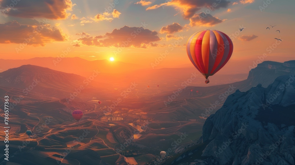 Hot air balloon above high mountain landscape at sunset