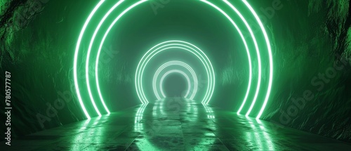 A dazzling vortex of glowing green neon rings recedes into the distance, creating an illusion of depth and drawing the viewer's eye into a hypnotic, mesmerizing space. photo