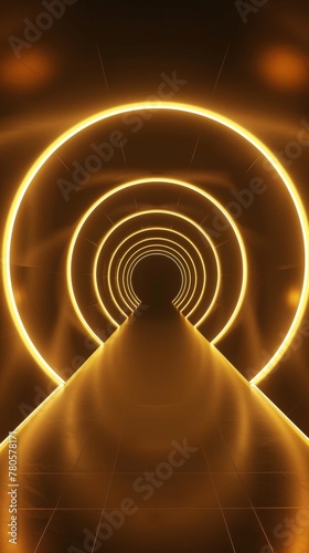 The entrance to a long tunnel is framed by a series of concentric golden rings, creating a captivating and otherworldly passageway that invites the viewer to explore its warm, radiant glow.