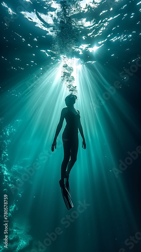 Freediver Swimming in the deep Sea