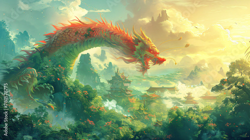 Mystical Dragons in Majestic Eastern Landscapes. Epic Fantasy Artwork Depicting Dragons and Humans in Harmony. Mythical Creatures and Ancient Architecture Concept for Cultural Storytelling  photo