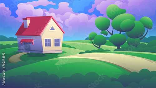 Beautiful country villa in modern style. Cartoon style illustration of a residential house among green fields.