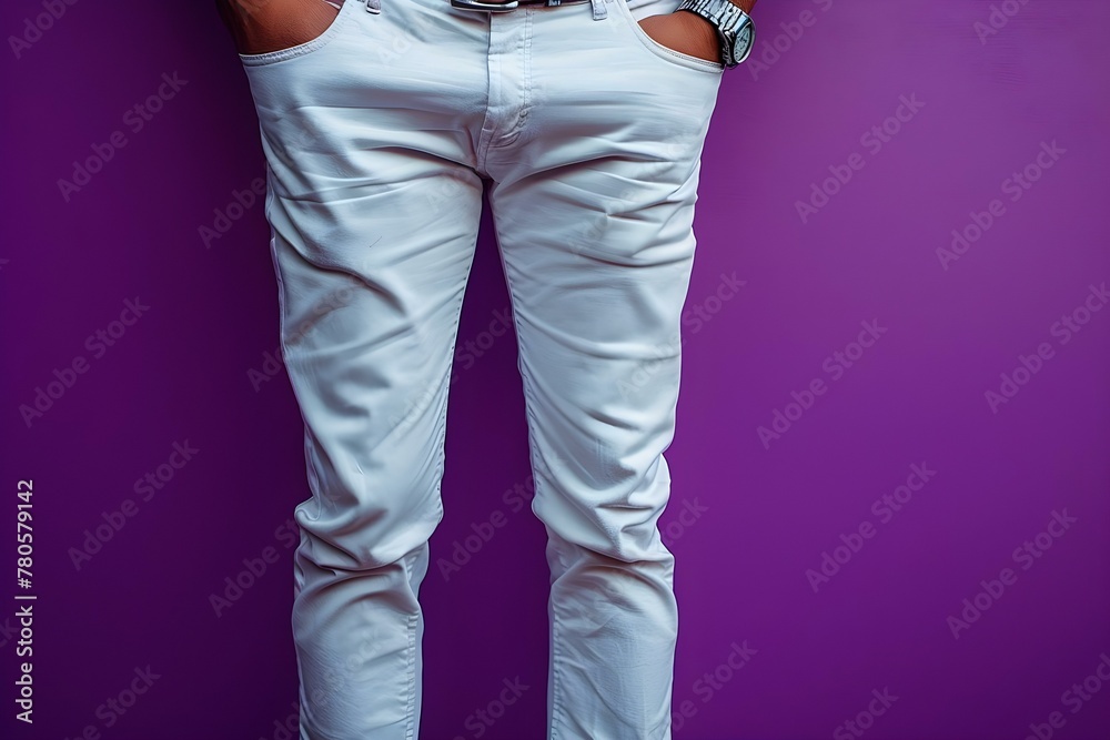 Promotional photo of white mens pants on purple background with clean
