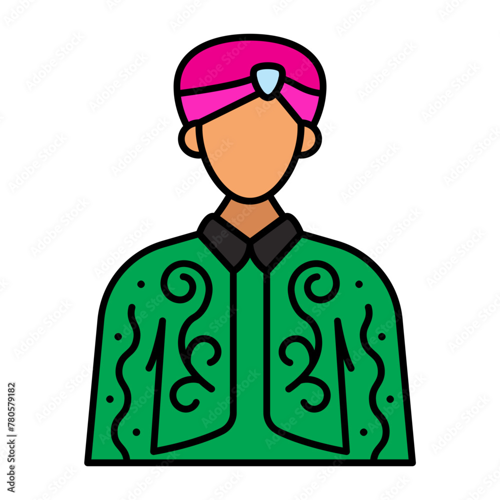 Muslim Groom Wearing Sherwani and kula concept, Embroidered long-sleeved outer coat vector icon design Arabic Muslim marriage Symbol, Islamic wedding customs Sign,asian matrimonial illustration