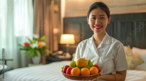 Hotel maid holding fruits tary in to the luxury hotel bed room ready photo