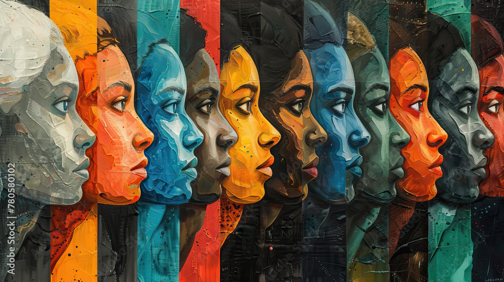 Obraz premium A vibrant abstract collage of colorful human faces combining geometric and organic shapes, banner