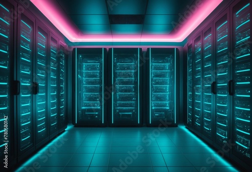 Modern dark data center with energy-efficient LED lighting for optimal performance, A glimpse inside a modern dark data center with LED lighting