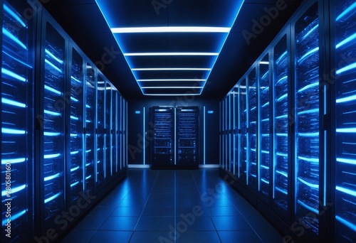Futuristic server room design with advanced server racks for optimal data storage and security, A glimpse into the future of data centers: High-tech server racks powering the digital age,  photo
