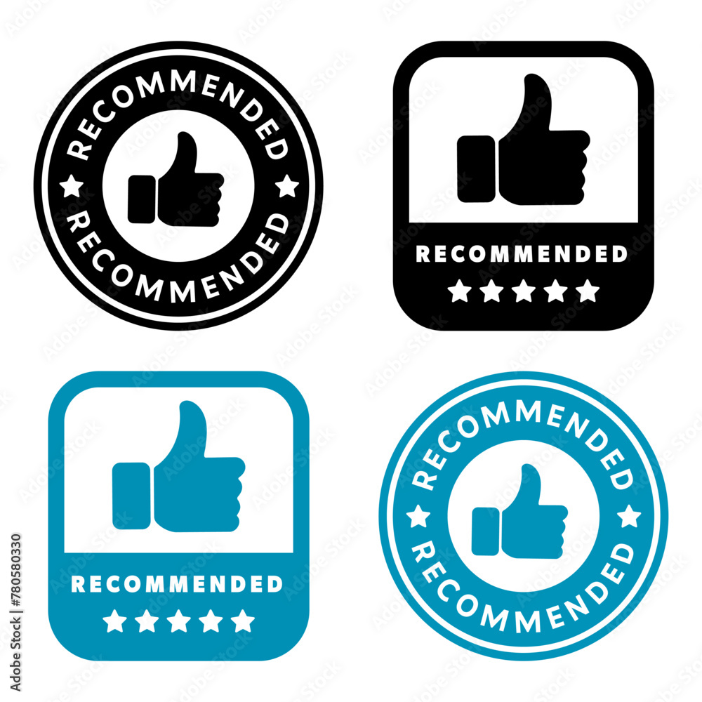 Obraz premium Recommended labels for product packaging. Stickers with thumb up and five stars.
