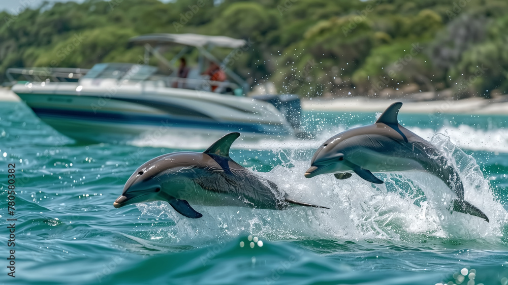 Obraz premium People on the boat were watching dolphins jump up. sea life animals