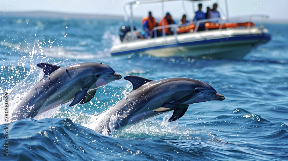 Fototapeta premium People on the boat were watching dolphins jump up. sea life animals