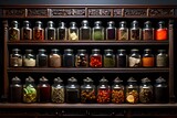 A cabinet filled with jars of spices, including a collection of Chinese herbal medicine Tianma, arranged on a traditional wooden apoth.