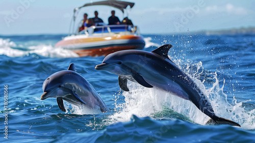 People on the boat were watching dolphins jump up. sea life animals