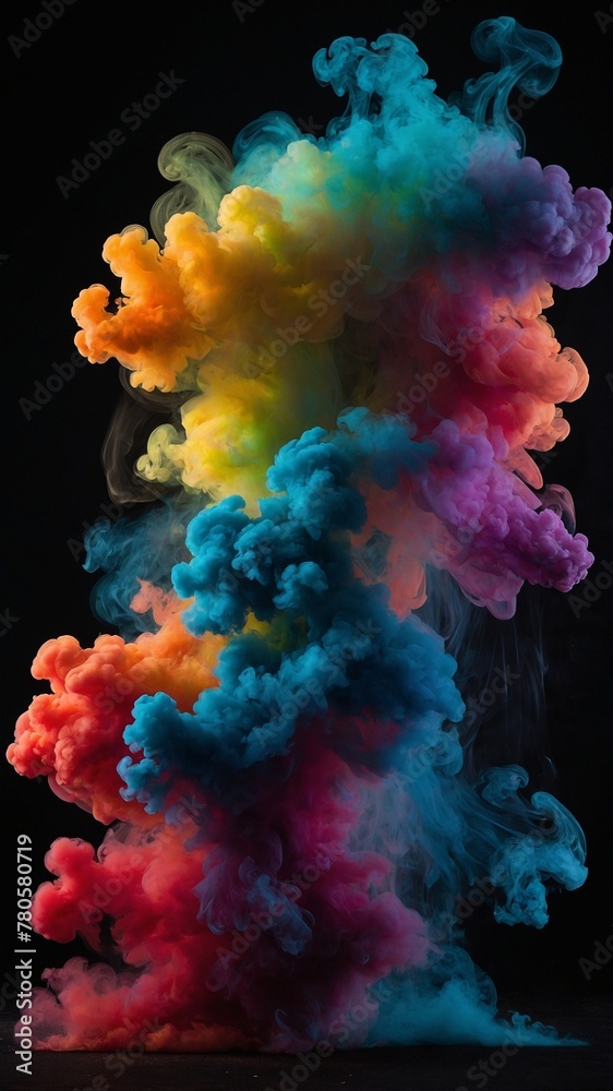 Fototapeta premium Vibrant explosion of colorful smoke fills dark background, creating mesmerizing visual effect. Colors range from deep blues, greens at top, transitioning into yellows, oranges, finally into reds.