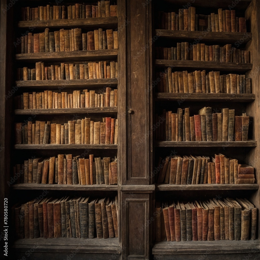 Wooden bookshelf, filled with numerous old, worn books, stands as testament to bygone era where literature was primary means of entertainment, knowledge dissemination. Books. Wooden bookshelf, filled with numerous old, worn books, stands as testament to bygone era where literature was primary means of entertainment, knowledge dissemination. Books.