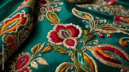 Vibrant, intricate embroidery adorns piece of teal fabric, showcasing mesmerizing blend of colors, textures that bring material to life. Meticulous stitches form elaborate floral patterns. © Tamazina