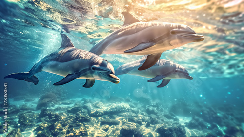 Dolphins swimming in the ocean. sea life animals © Chananphat