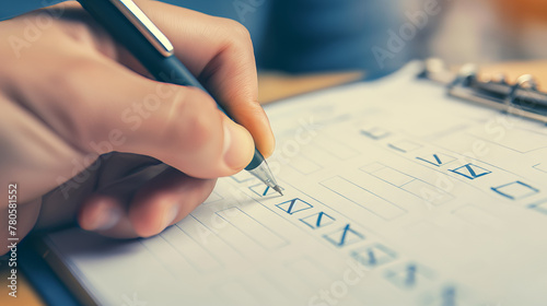 A detailed view of a person's hand holding a pen and marking a checkbox on a formal checklist document