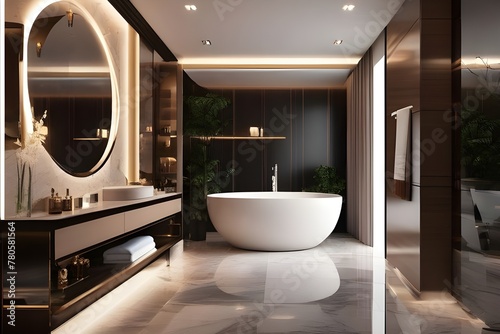 Luxurious bathroom interior design in 3D rendering on transparent background featuring modern fixtures and elegant decor.