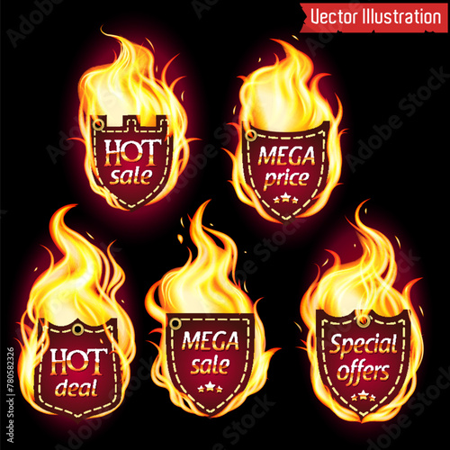 Flaming Hot Sale and Mega Deal Shields Vector Illustration. A set of designer labels in fire. 
