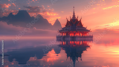 Traditional Thai Temple at Sunrise with Reflective Water. Majestic Wat Illuminated by Warm Sunrise Light with Misty Mountain Background. Cultural Architecture and Travel Destination Concept for Poster