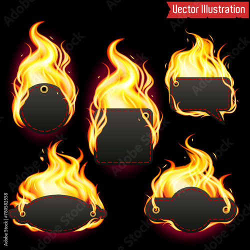 Flaming Hot Sale and Mega Deal Shields Vector Illustration. A set of designer labels in fire. 
