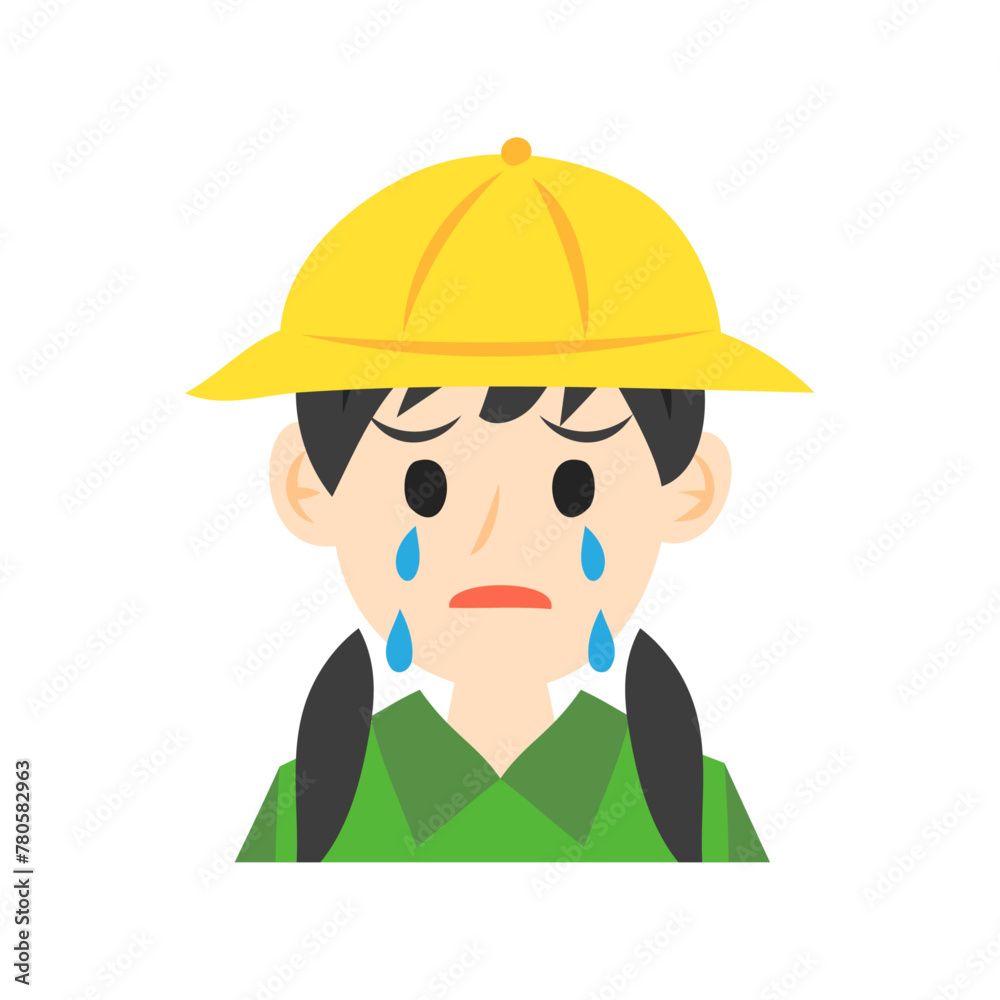 黄色い帽子を被った泣いている女の子の顔。フラットなベクターイラスト。
Crying girl's face wearing a yellow hat. Flat vector illustration.