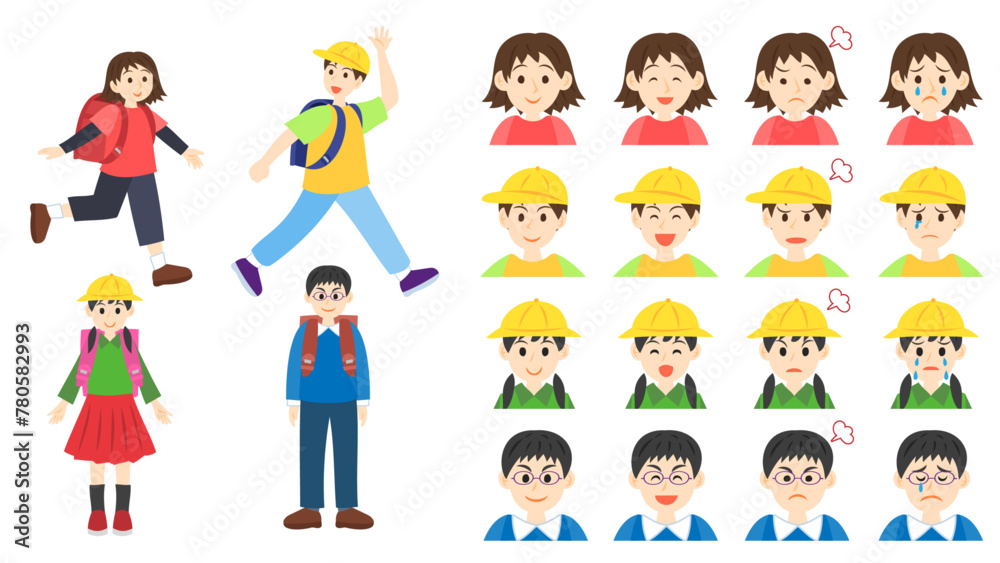 高学年の小学生たち。フラットなベクターイラストセット。
Upper-grade elementary school students. Flat vector illustration set.