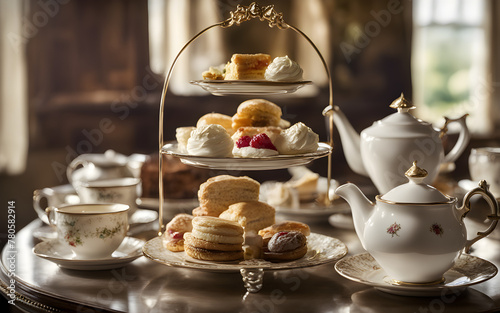 British afternoon tea, selection of teas, scones, clotted cream, elegant setting, soft light photo