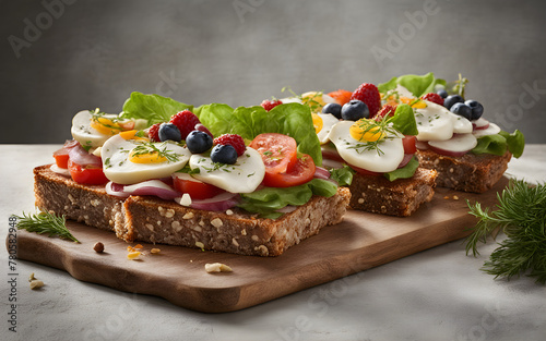 Danish smørrebrød, open-faced sandwich, rye bread, variety of toppings, brightly lit with a clean background