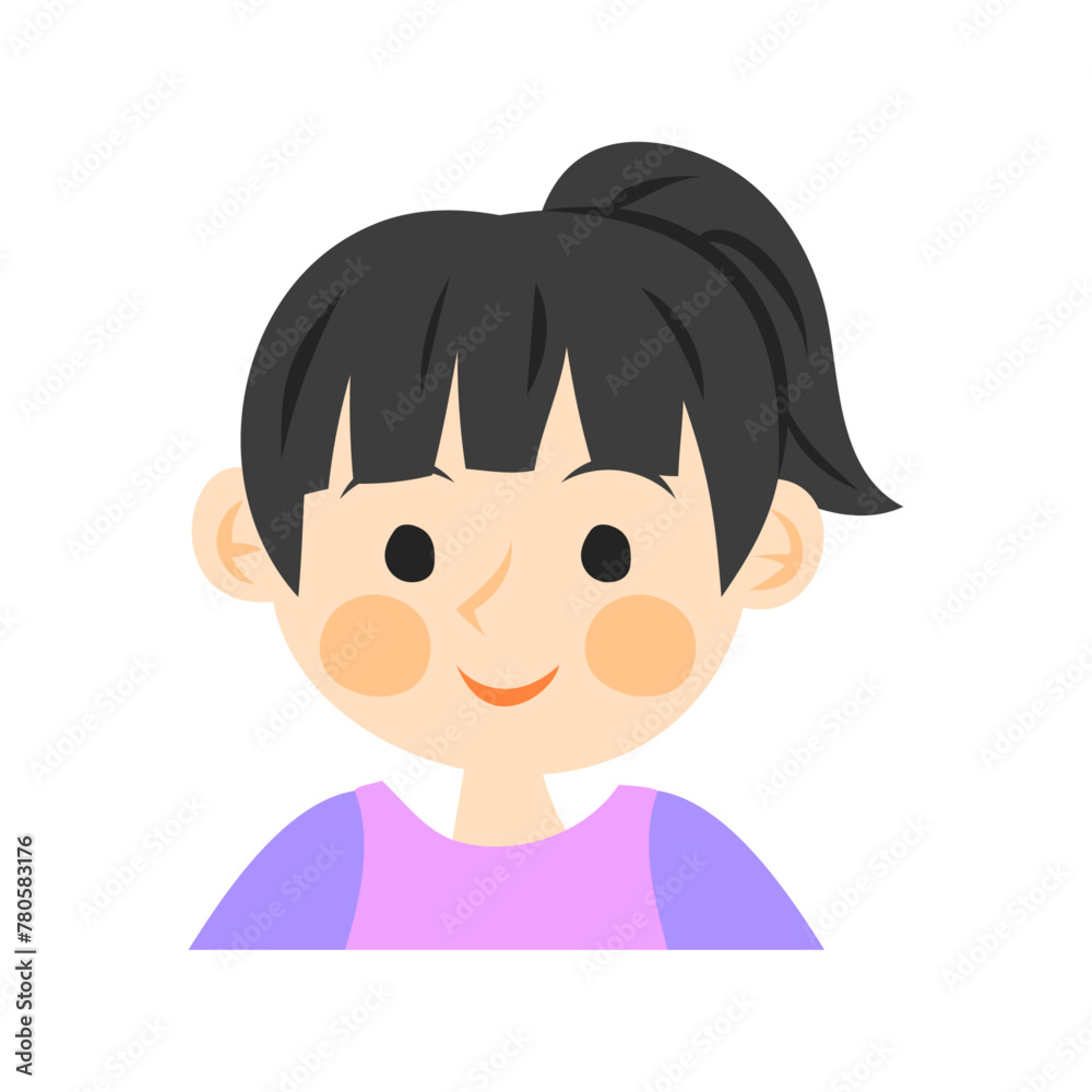 ポニーテールの女の子の顔。フラットなベクターイラスト。
Girl's face with a ponytail. Flat vector illustration.