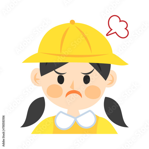 黄色い帽子を被った怒る女の子の顔。フラットなベクターイラスト。
Angry girl’s face wearing a yellow hat. Flat vector illustration.