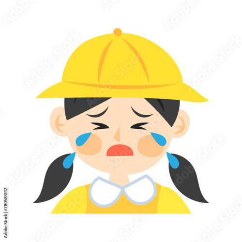 黄色い帽子を被った泣いている女の子の顔。フラットなベクターイラスト。
Crying girl’s face wearing a yellow hat. Flat vector illustration.