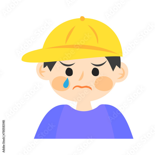 黄色いキャップを被った泣いている男の子の顔。フラットなベクターイラスト。
Crying boy's face wearing a yellow cap. Flat vector illustration.